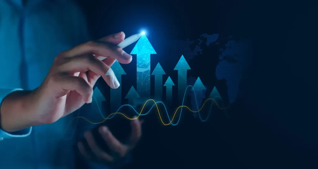 Mano interactuando con gráficos digitales de crecimiento y tecnología